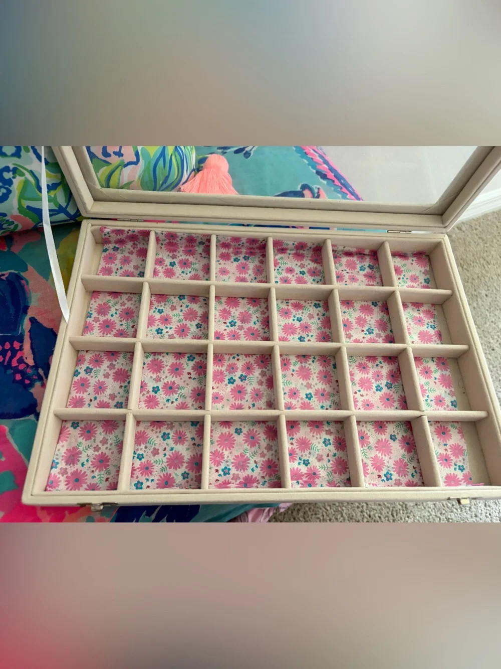Bone White Velvet 24-Compartment Jewelry Display Case - 14”x9.5”